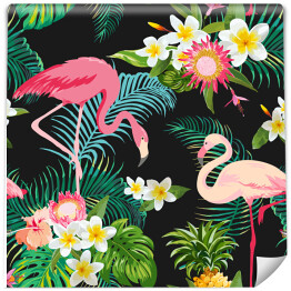 Tapeta samoprzylepna w rolce Tropikalne kwiaty i flamingi na czarnym tle
