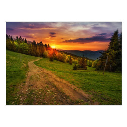 Plakat samoprzylepny Ścieżka w polskich górach w trakcie złotego zachodu słońca