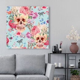 Obraz na płótnie Akwarela - czaszki wśród różowych peonii