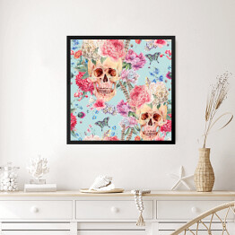Obraz w ramie Akwarela - czaszki wśród różowych peonii