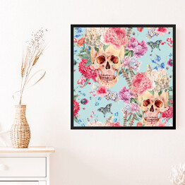 Obraz w ramie Akwarela - czaszki wśród różowych peonii