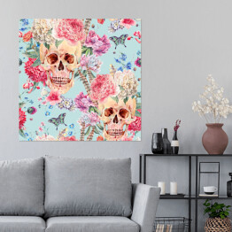 Plakat samoprzylepny Akwarela - czaszki wśród różowych peonii