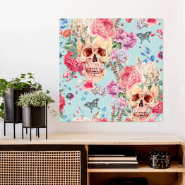 Plakat samoprzylepny Akwarela - czaszki wśród różowych peonii