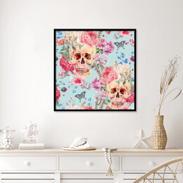 Plakat w ramie Akwarela - czaszki wśród różowych peonii