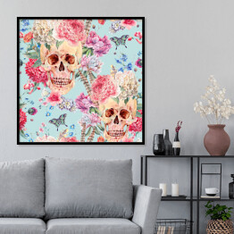 Plakat w ramie Akwarela - czaszki wśród różowych peonii