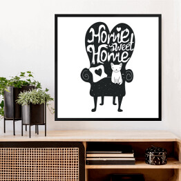 Obraz w ramie Nie ma to jak w domu - ilustracja z białym kota na czarnej kanapie