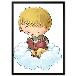 Plakat w ramie Chłopiec czytający książkę na chmurze