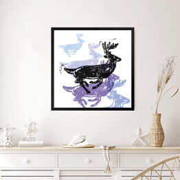 Obraz w ramie Renifery w kolorach czarnym, fioletowym i niebieskim
