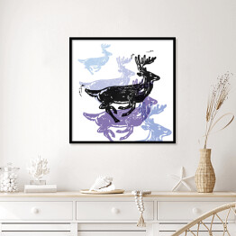 Plakat w ramie Renifery w kolorach czarnym, fioletowym i niebieskim