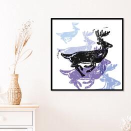 Plakat w ramie Renifery w kolorach czarnym, fioletowym i niebieskim