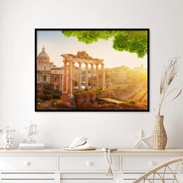 Plakat w ramie Rzymskie Forum, ruiny w Rzymie - kompozycja z zielonymi liśćmi