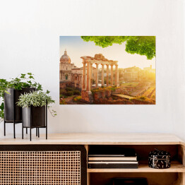 Plakat samoprzylepny Rzymskie Forum, ruiny w Rzymie - kompozycja z zielonymi liśćmi