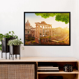 Obraz w ramie Rzymskie Forum, ruiny w Rzymie - kompozycja z zielonymi liśćmi
