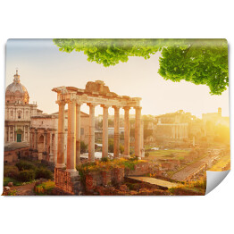 Fototapeta Rzymskie Forum, ruiny w Rzymie - kompozycja z zielonymi liśćmi