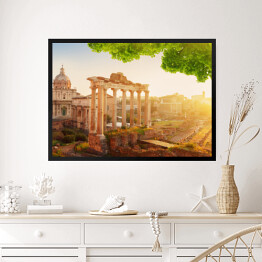 Obraz w ramie Rzymskie Forum, ruiny w Rzymie - kompozycja z zielonymi liśćmi