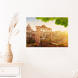 Plakat Rzymskie Forum, ruiny w Rzymie - kompozycja z zielonymi liśćmi