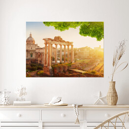 Plakat Rzymskie Forum, ruiny w Rzymie - kompozycja z zielonymi liśćmi