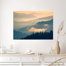 Plakat samoprzylepny Ciemny las na tle gór w pastelowych barwach