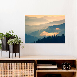 Plakat samoprzylepny Ciemny las na tle gór w pastelowych barwach