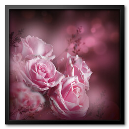 Obraz w ramie Piękne różowe róże i motyl