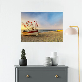 Plakat samoprzylepny Zachód słońca przy łodziach nad morzem