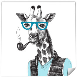 Żyrafa hipster w kamizelce, okularach i z fajką