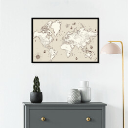 Plakat w ramie Biało beżowa mapa świata