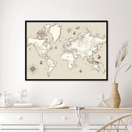 Plakat w ramie Biało beżowa mapa świata