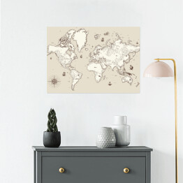 Plakat Biało beżowa mapa świata