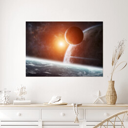 Plakat Wschód słońca nad grupą planet w przestrzeni kosmicznej