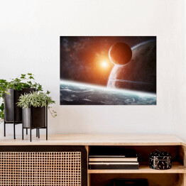 Plakat samoprzylepny Wschód słońca nad grupą planet w przestrzeni kosmicznej