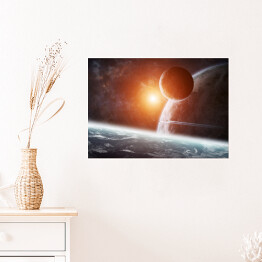 Plakat Wschód słońca nad grupą planet w przestrzeni kosmicznej