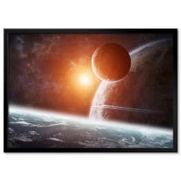 Plakat w ramie Wschód słońca nad grupą planet w przestrzeni kosmicznej