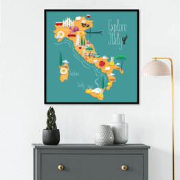 Plakat w ramie Mapa Włoch z ikonami włoskich zabytków