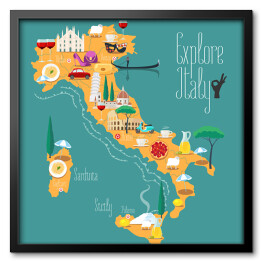 Obraz w ramie Mapa Włoch z ikonami włoskich zabytków