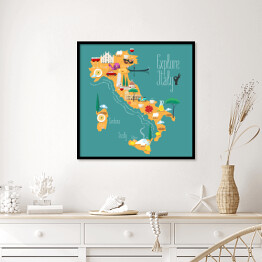 Plakat w ramie Mapa Włoch z ikonami włoskich zabytków