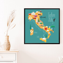 Obraz w ramie Mapa Włoch z ikonami włoskich zabytków