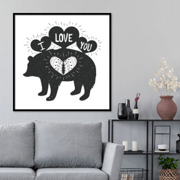Plakat w ramie Typografia z sylwetką niedźwiedzia z napisem "kocham Cię"