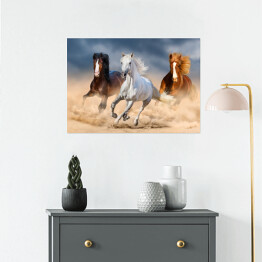 Plakat samoprzylepny Trzy konie z długimi grzywami galopujące przez pustynię