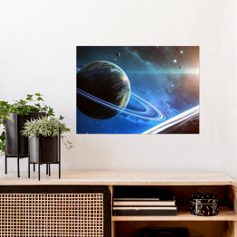 Plakat Scena Wszechświata z planetami, gwiazdami i galaktykami w kosmosie w blasku Słońca