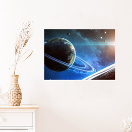 Plakat Scena Wszechświata z planetami, gwiazdami i galaktykami w kosmosie w blasku Słońca