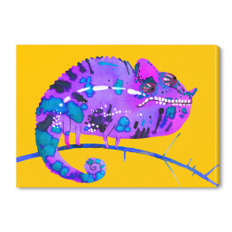 Obraz na płótnie Fioletowo niebieski kameleon na żółtym tle 