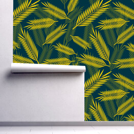 Tapeta winylowa zmywalna w rolce Wzór z żółtymi palmowymi liśćmi na zielonym tle