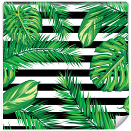 Tapeta samoprzylepna w rolce Liście palmy w nasyconych barwach na tle w biało czarne pasy