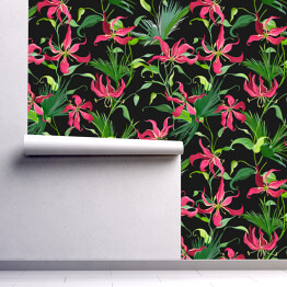 Tapeta samoprzylepna w rolce Różowe tropikalne kwiaty oraz liście palmy na czarnym tle