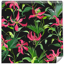 Tapeta samoprzylepna w rolce Różowe tropikalne kwiaty oraz liście palmy na czarnym tle