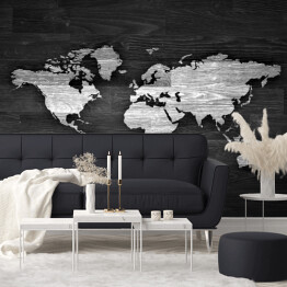 Fototapeta Biało czarna mapa świata na drewnie