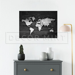 Plakat samoprzylepny Biało czarna mapa świata na drewnie