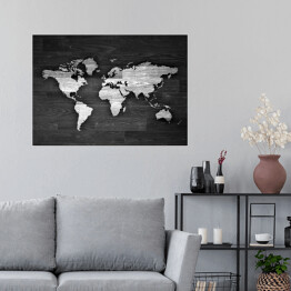 Plakat Biało czarna mapa świata na drewnie