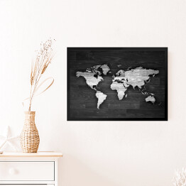 Obraz w ramie Biało czarna mapa świata na drewnie